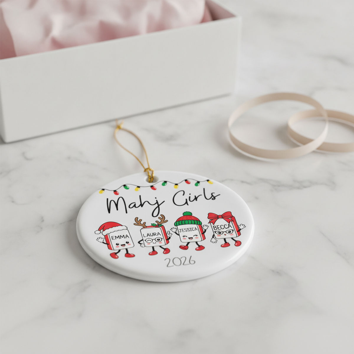 Personalized Mahj Girls Cartoon Tile Ceramic Ornament - Custom Four Player Name Mahjong Ornament with Cartoon Tiles for the Group Christmas Swap - Personalized Ornament_3