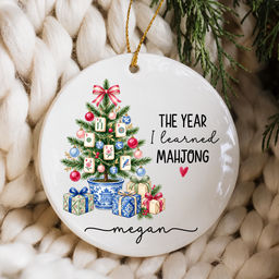 Personalized The Year I Learned Mahjong Ceramic Ornament - Custom Name Chinoiserie Tile Tree Ornament for a New Mahjong Player First Year Keepsake - Personalized Ornament