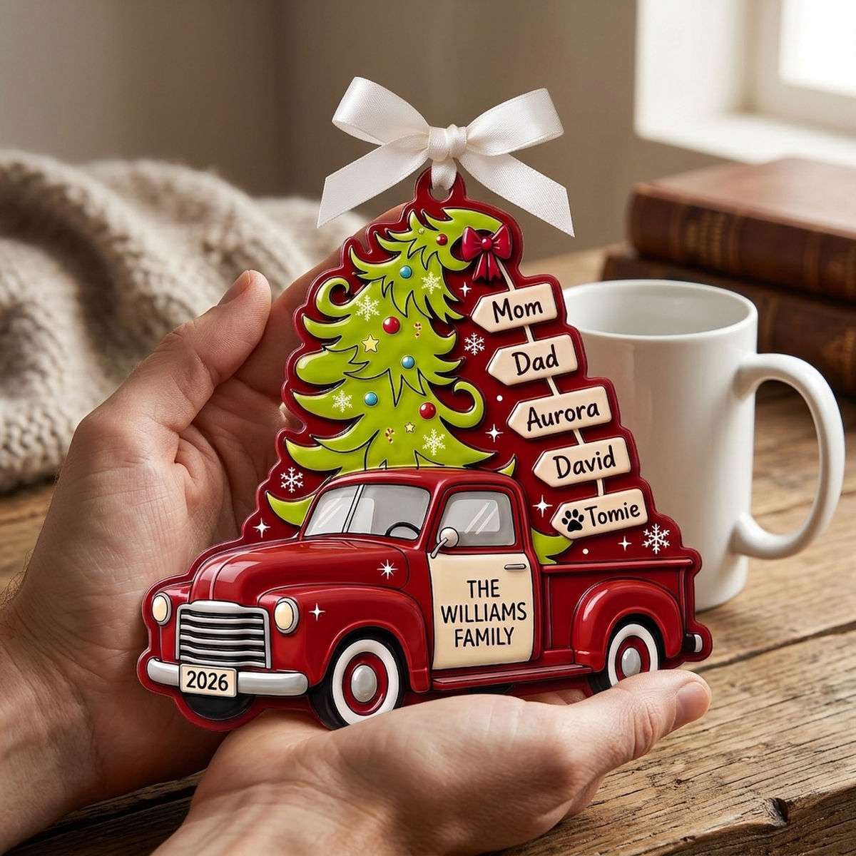 Family Ornament - Christmas Tree Red Truck Raised 3D Ornament, Christmas Keepsake - Personalized Acrylic Custom Shape 3D Ornament_1