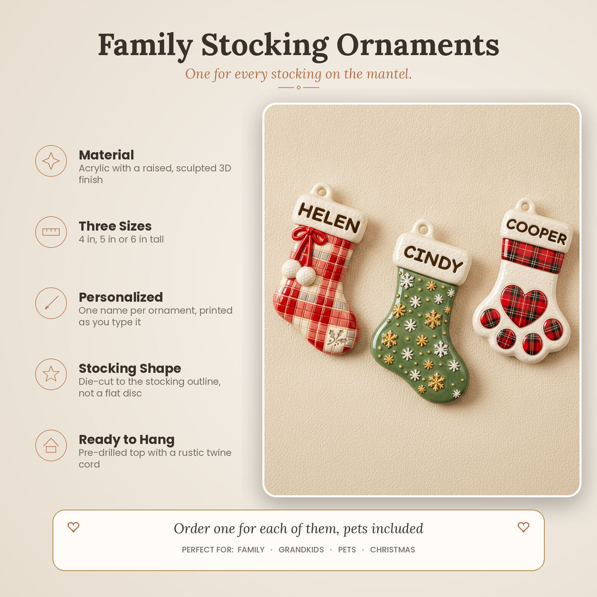 Personalized Name Stocking Ornament - Custom Family Stocking Ornaments with Names and Paw Shape for the Whole Household Including Pets - Personalized Acrylic Custom Shape 3D Ornament_2