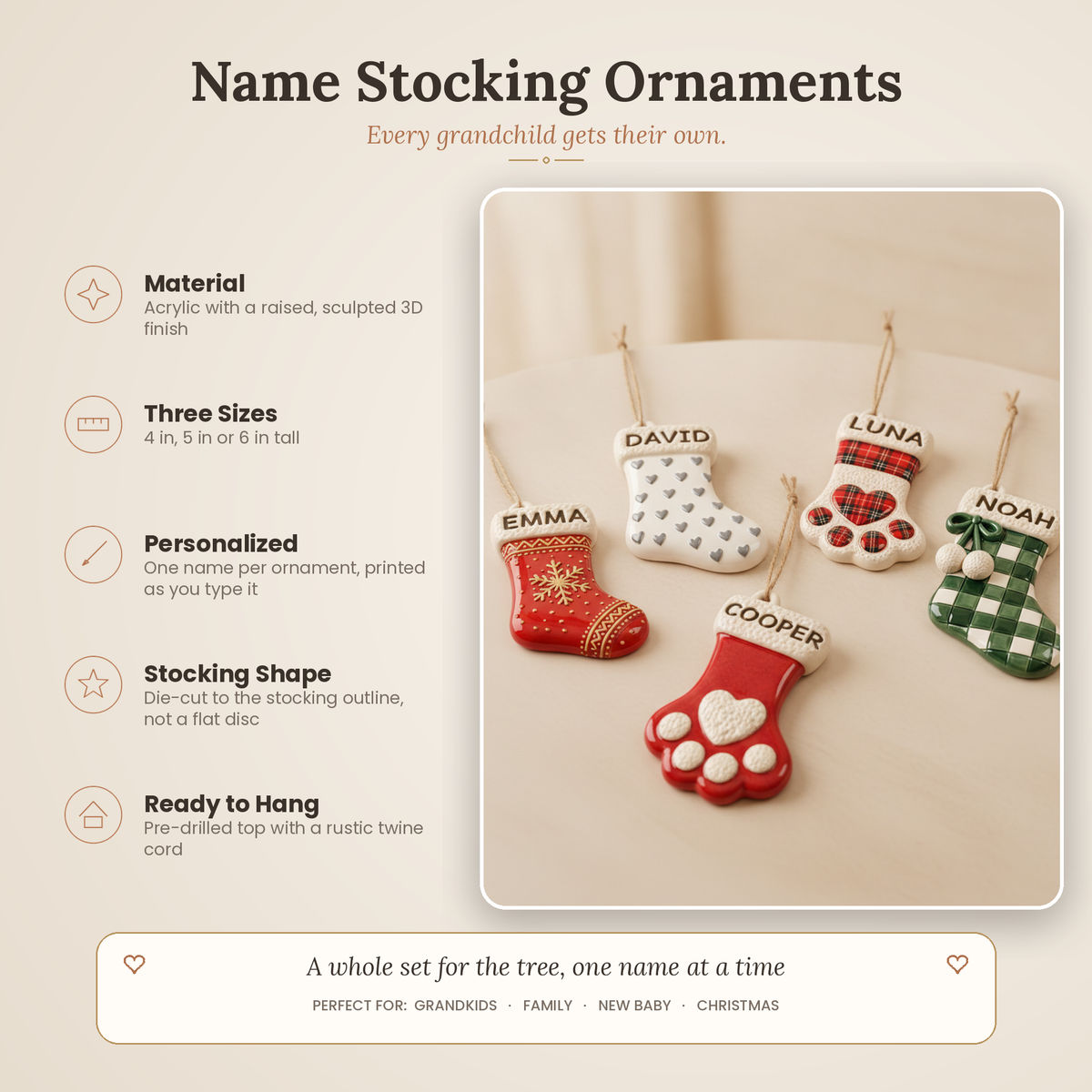 Personalized Grandkids Name Stocking Ornament Set - Custom Stocking Ornaments with One Name Each for Grandchildren Grandkids and the Family Tree - Personalized Acrylic Custom Shape 3D Ornament_2