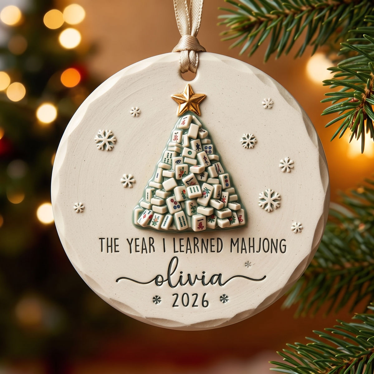 Custom Name and Year Stoneware Look Keepsake Gift for Mom, Mahjong Player & Christmas