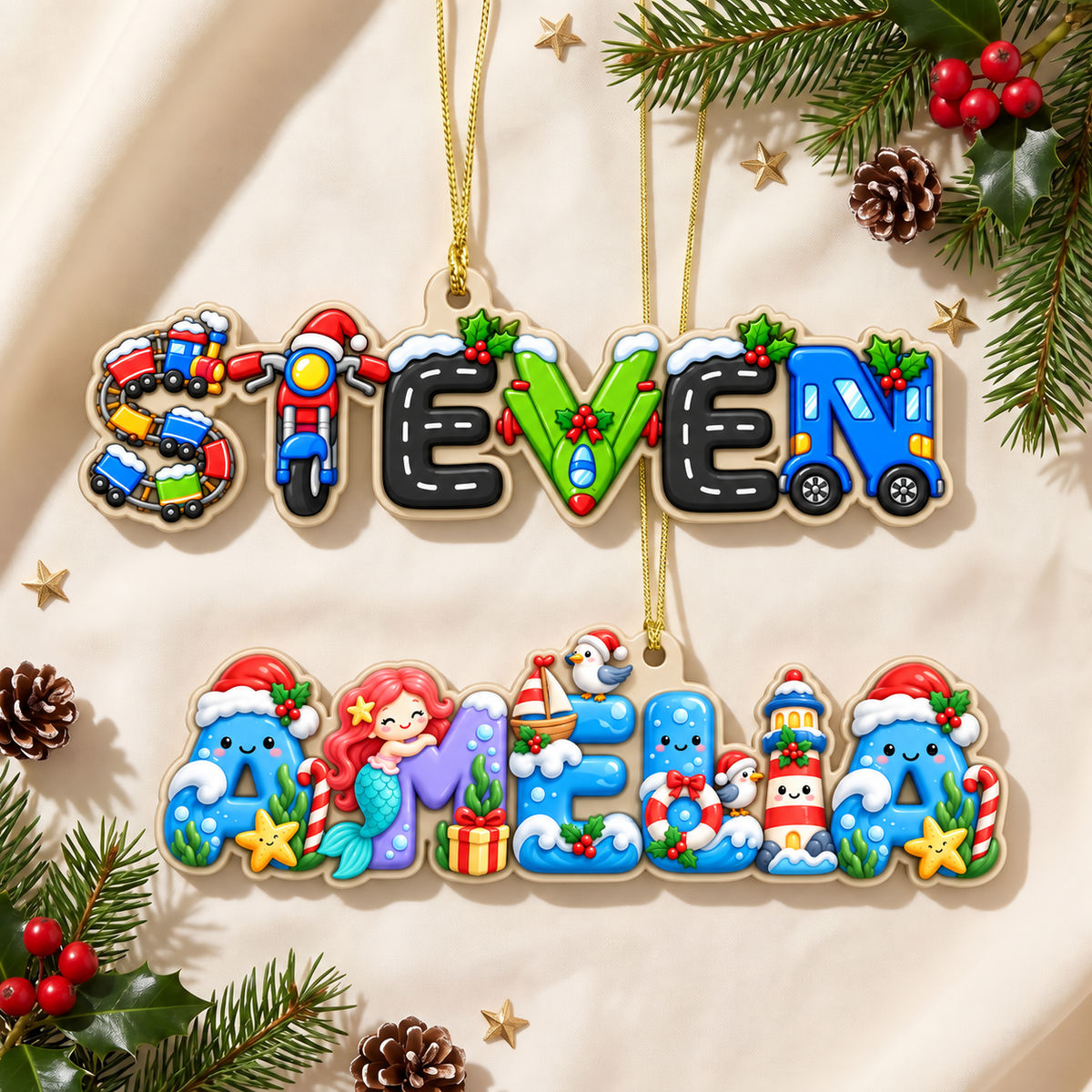 Personalized Set - Personalized Kids Christmas Name Ornament 3D - Custom Letter Ornament, Christmas Tree & Stocking Tag Gift_5