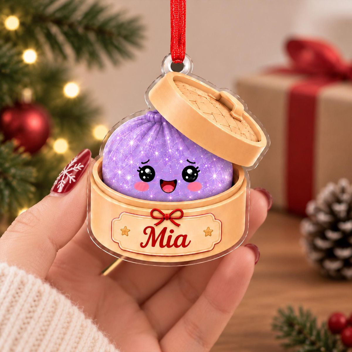 Ornaments - Squishy Dumpling, Faux Glitter Keepsake, Kids Christmas Gift - Personalized Acrylic Custom Shape Ornament 3sz_5