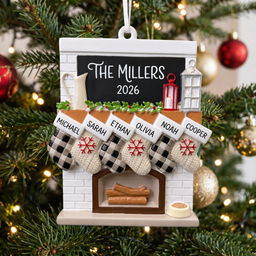 Family Ornament - Fireplace Stocking Ornament, Christmas Keepsake 2026 - Personalized Acrylic Custom Shape 3D Ornament