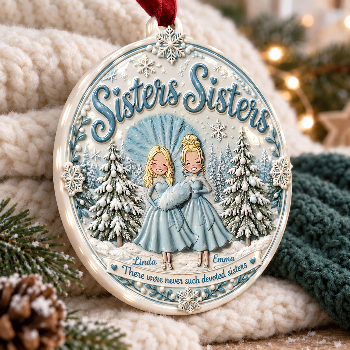 Up to 5 Sisters - Sisters Sisters - There were never such devoted Siters - 3D Relief Ornament - Personalized Circle Ceramic 3D Ornament_2
