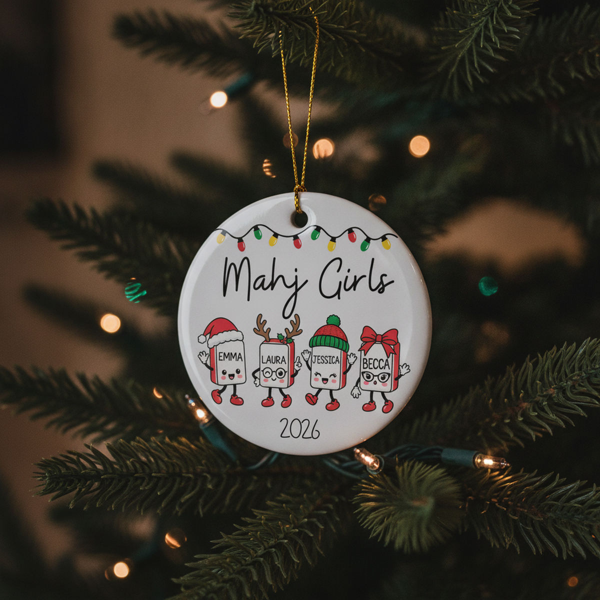 Personalized Mahj Girls Cartoon Tile Ceramic Ornament - Custom Four Player Name Mahjong Ornament with Cartoon Tiles for the Group Christmas Swap - Personalized Ornament_1