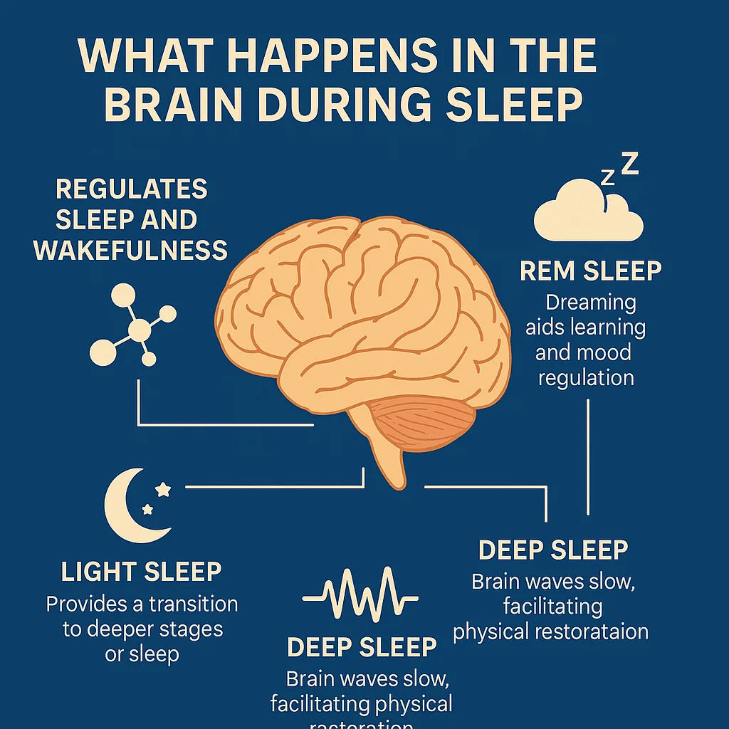 Infographic detailing brain functions during sleep including regulation, memory, and restoration