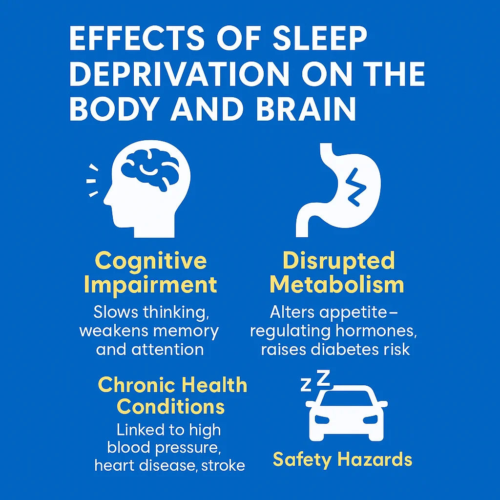 Infographic explaining how sleep deprivation impacts cognition, metabolism, chronic health, and safety