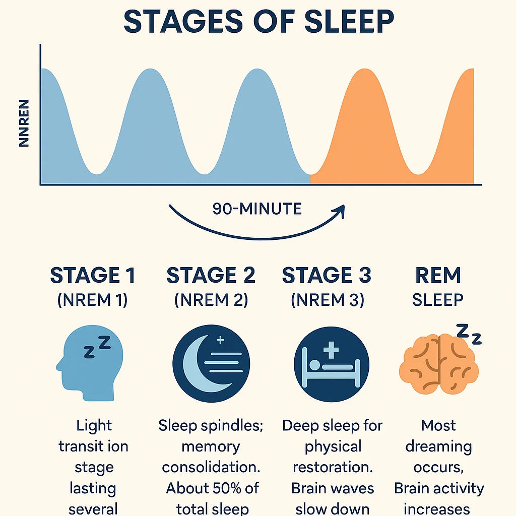 Infographic showing four sleep stages: NREM 1, NREM 2, deep sleep, and REM sleep with icons and descriptions