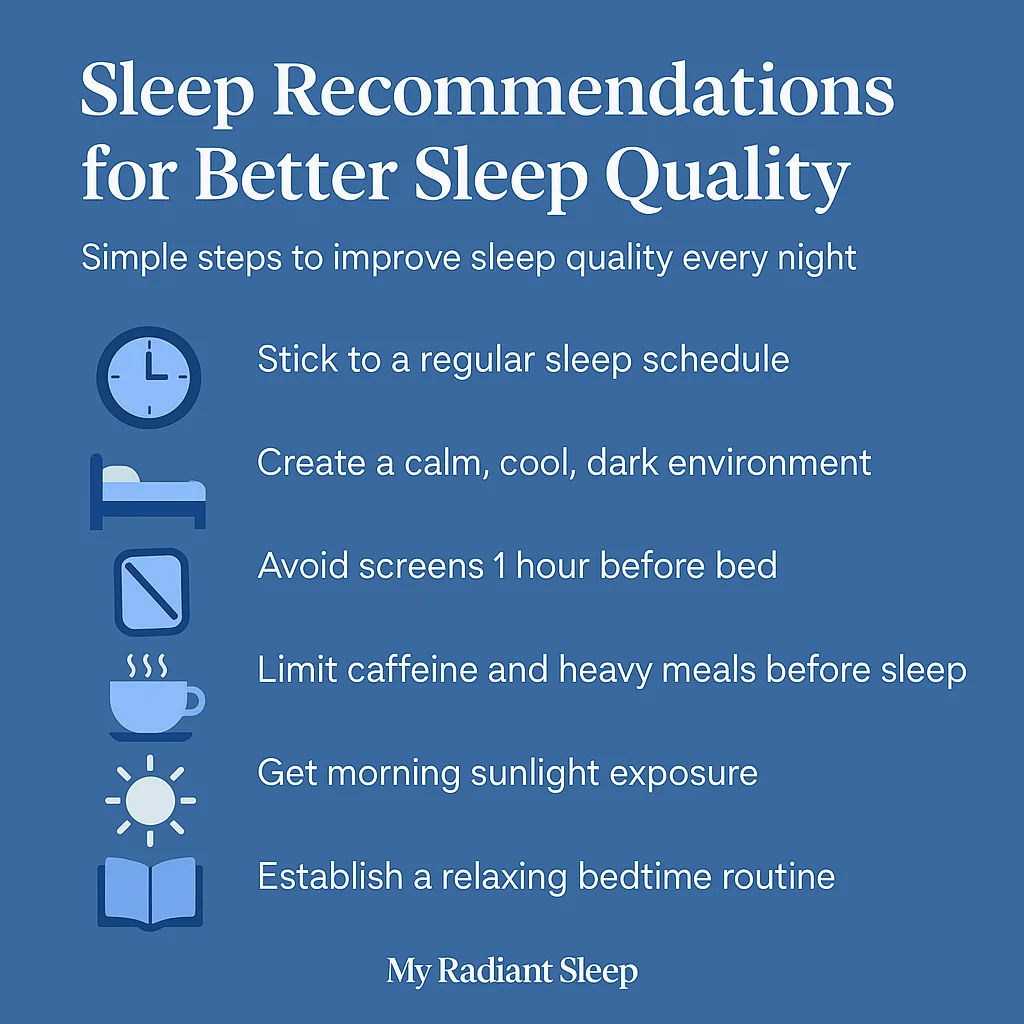 Infographic listing six tips for better sleep: regular schedule, cool dark room, screen limits, avoid caffeine, sunlight exposure, bedtime routine