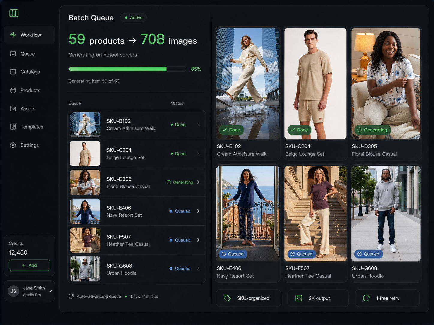 Fotool batch dashboard showing 59 products and 708 generated images