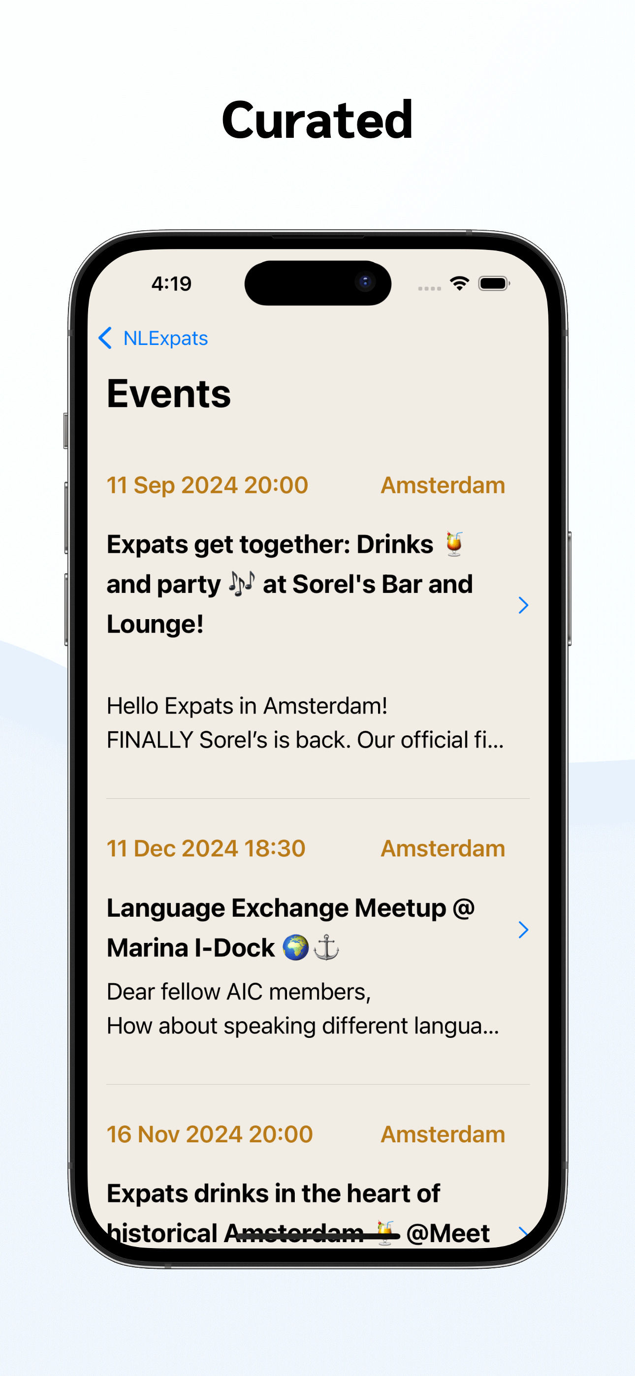 NLExpats events and activities screen for the Netherlands