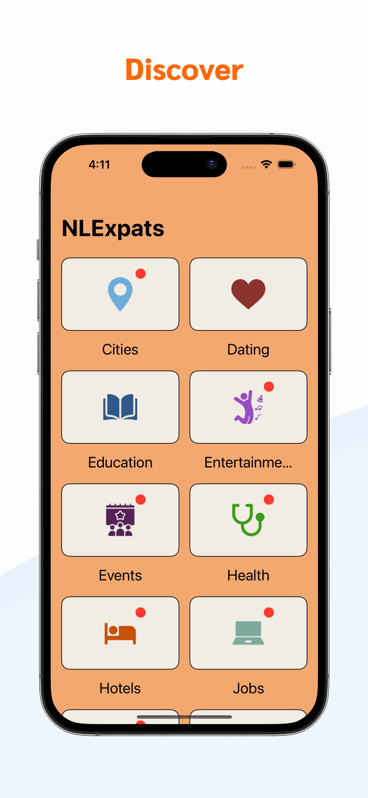 NLExpats iOS app home screen with expat categories