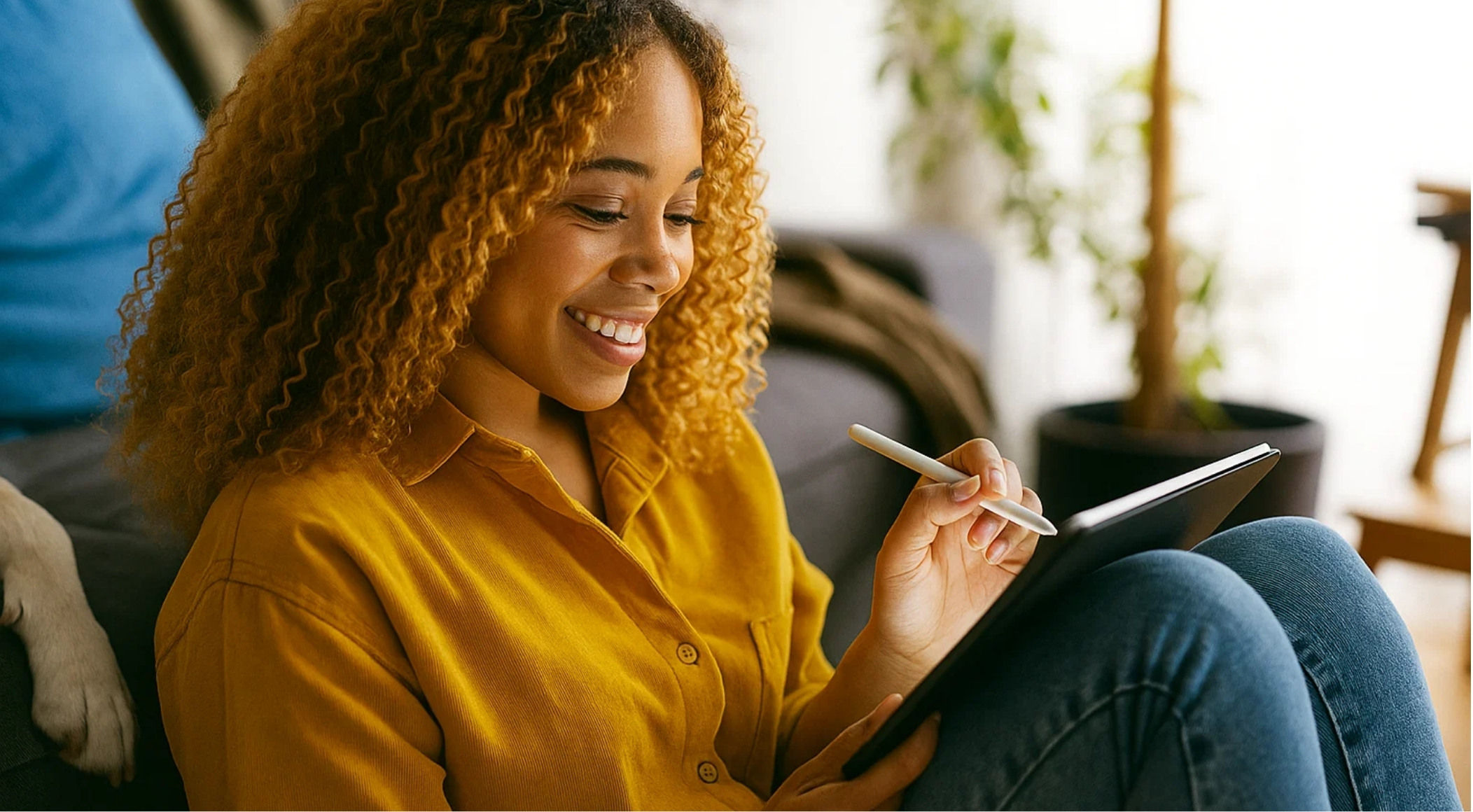 Smiling woman with curly hair using phone and tablet
