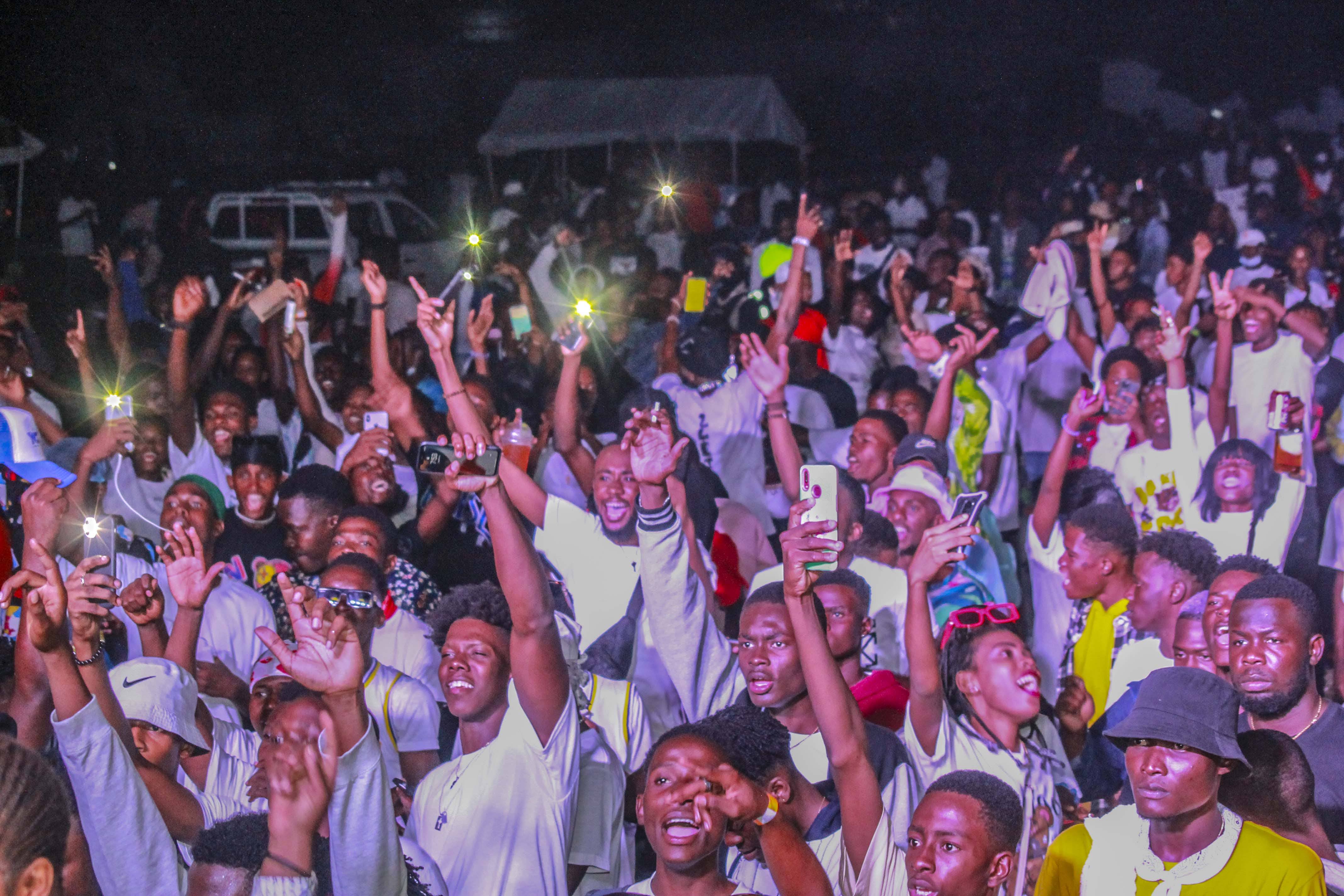 A dynamic shot from a live music event, silhouetted crowd.