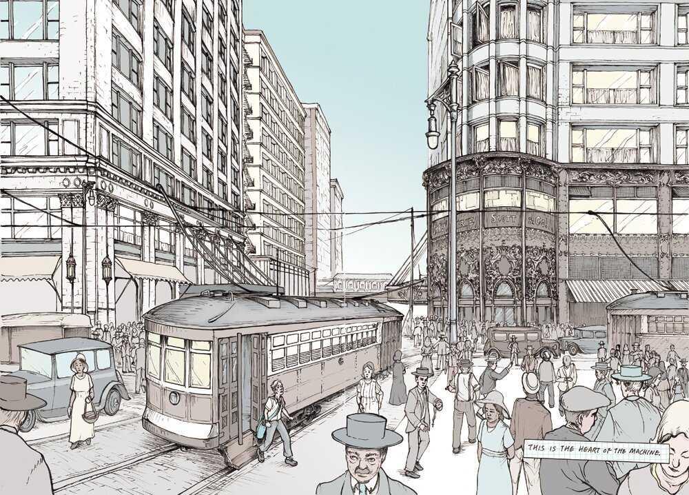 Graphic illustration of an old city with buildings and a tram in focus