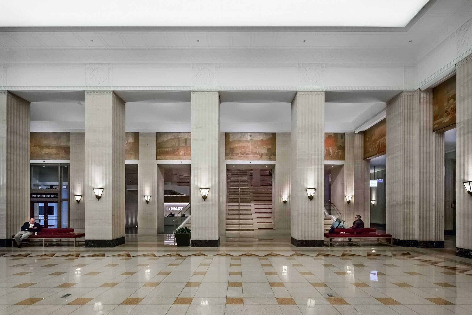 Building lobby with checkered marble floor