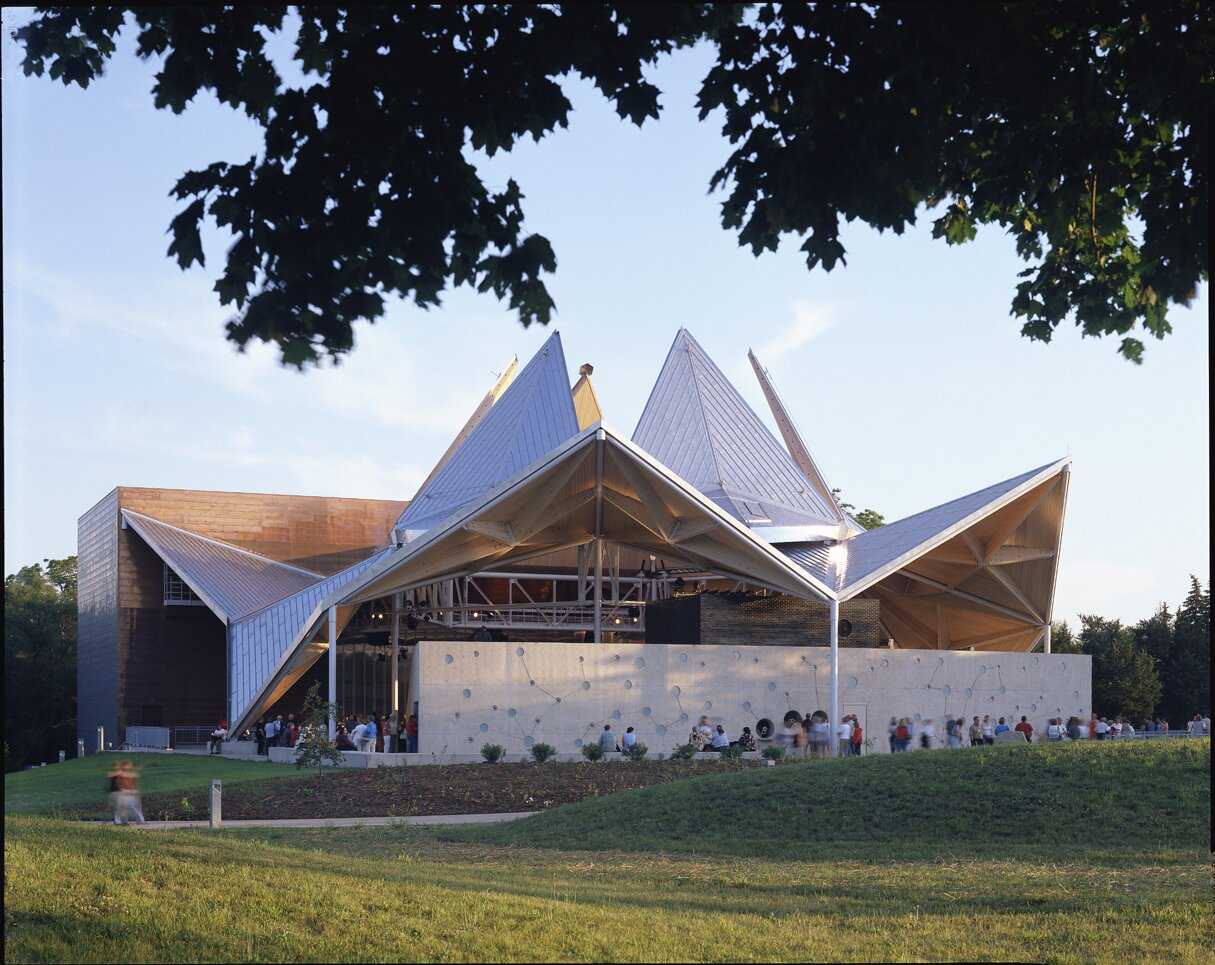 Exterior of building with multi-angled roof 