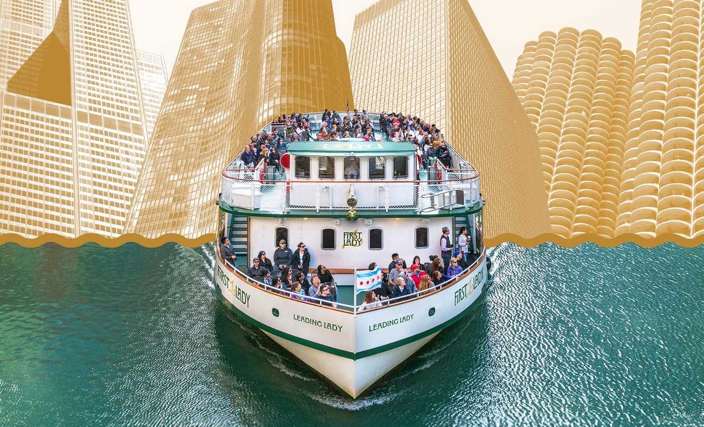 Cruise boat full of tourists with Chicago flag flying. Gold and green graphic as background