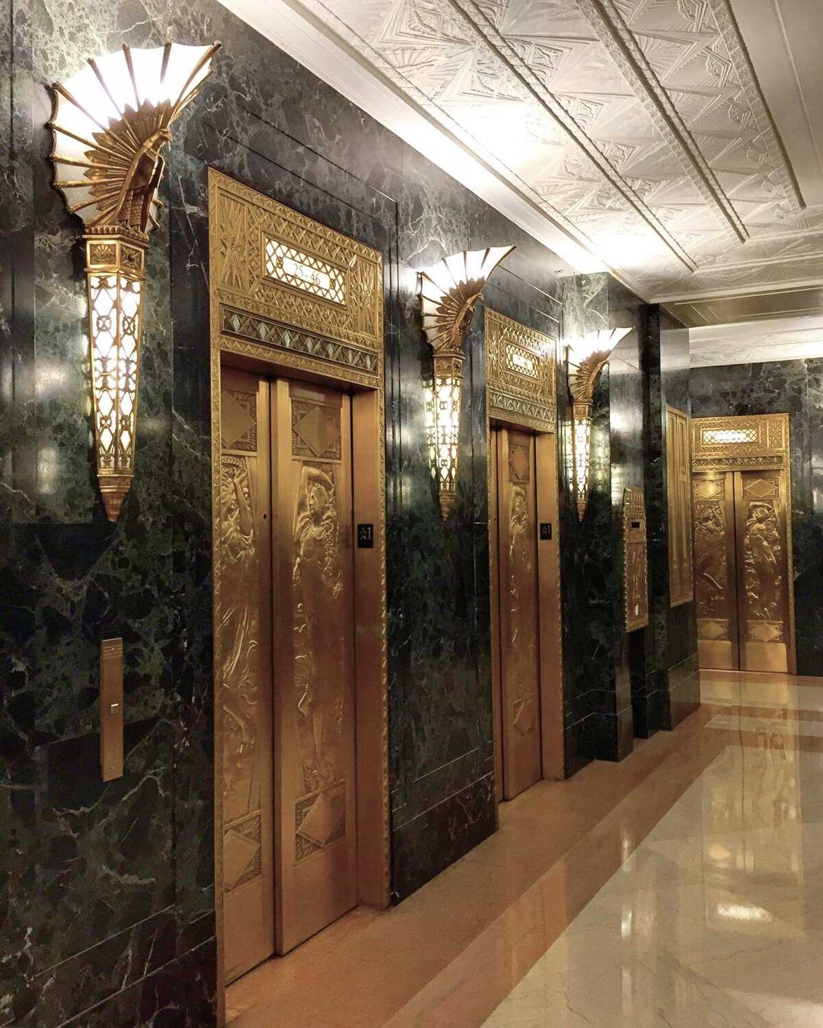 A photo of art deco elevators inside the Chicago Board of Trade.