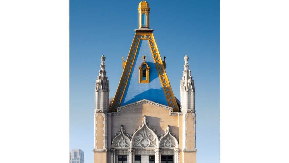 Aerial shot of the top of an ornate building with yellow and blue colors