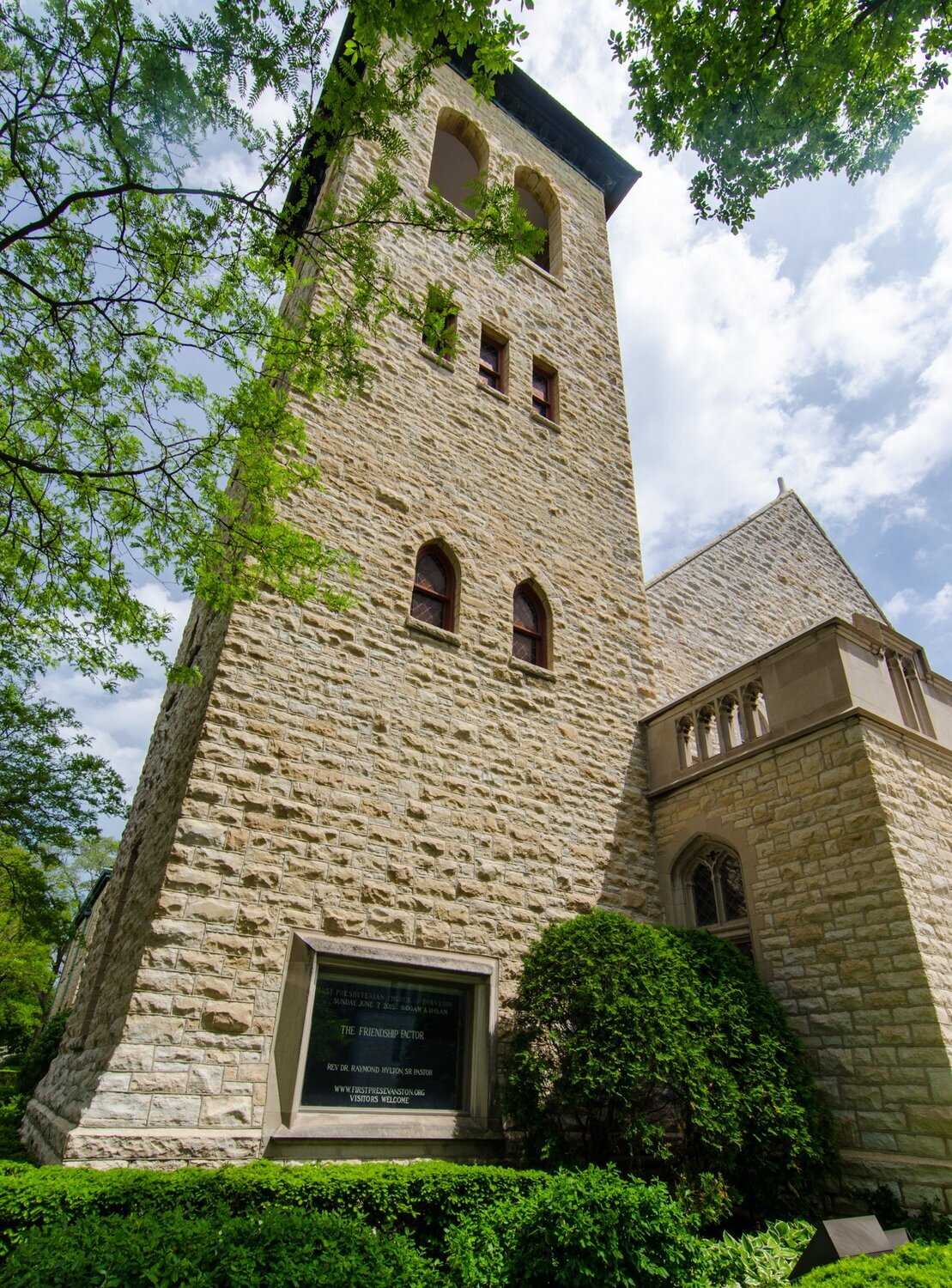 A photo of First Presbyterian Church bell tower.