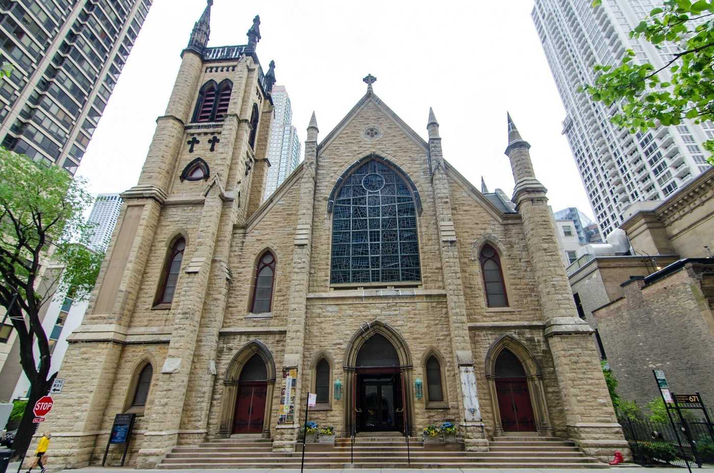 Exterior view of gothic church with arched windows