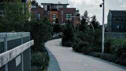 Unpopulated elevated bike path with residential buildings in background.