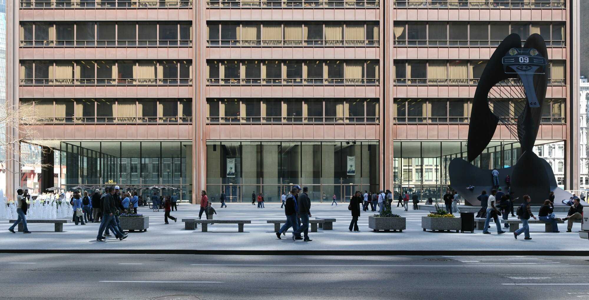 A photo of Daley Plaza as seen from the street. 