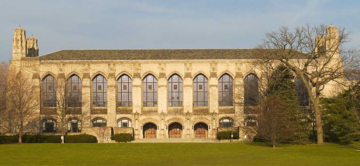 An exterior photo of Charles Deering Library