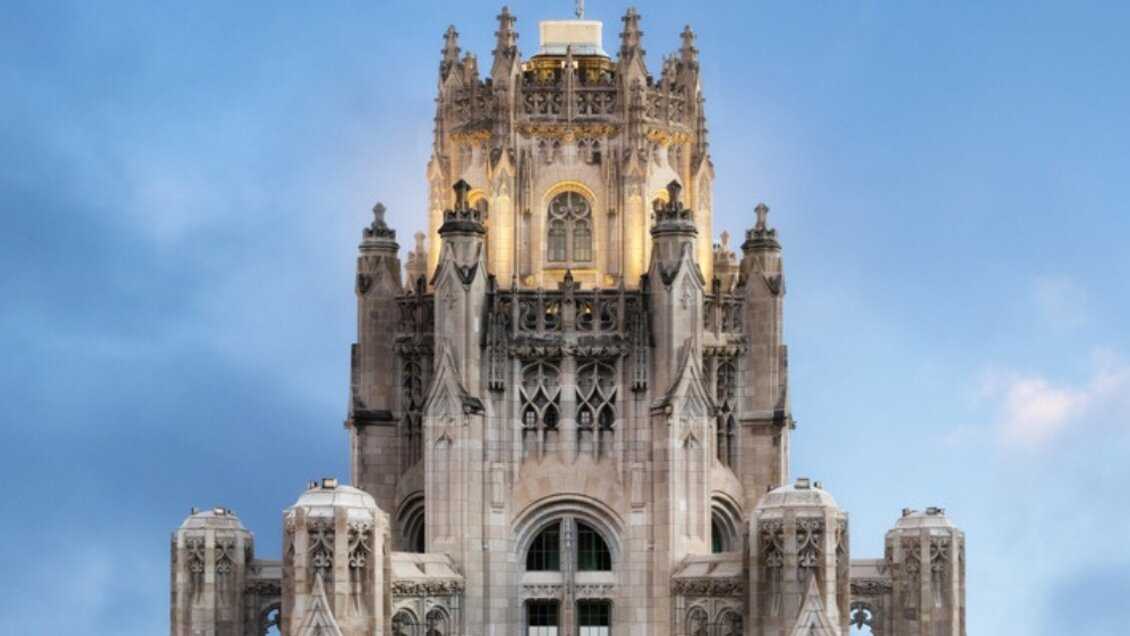 Aerial shot of the top of a gothic building