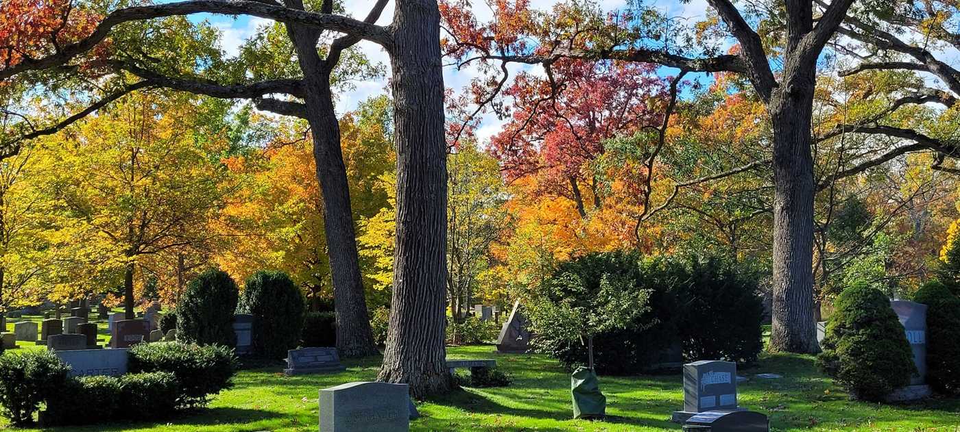 Autumn view of headstones in a cemetery