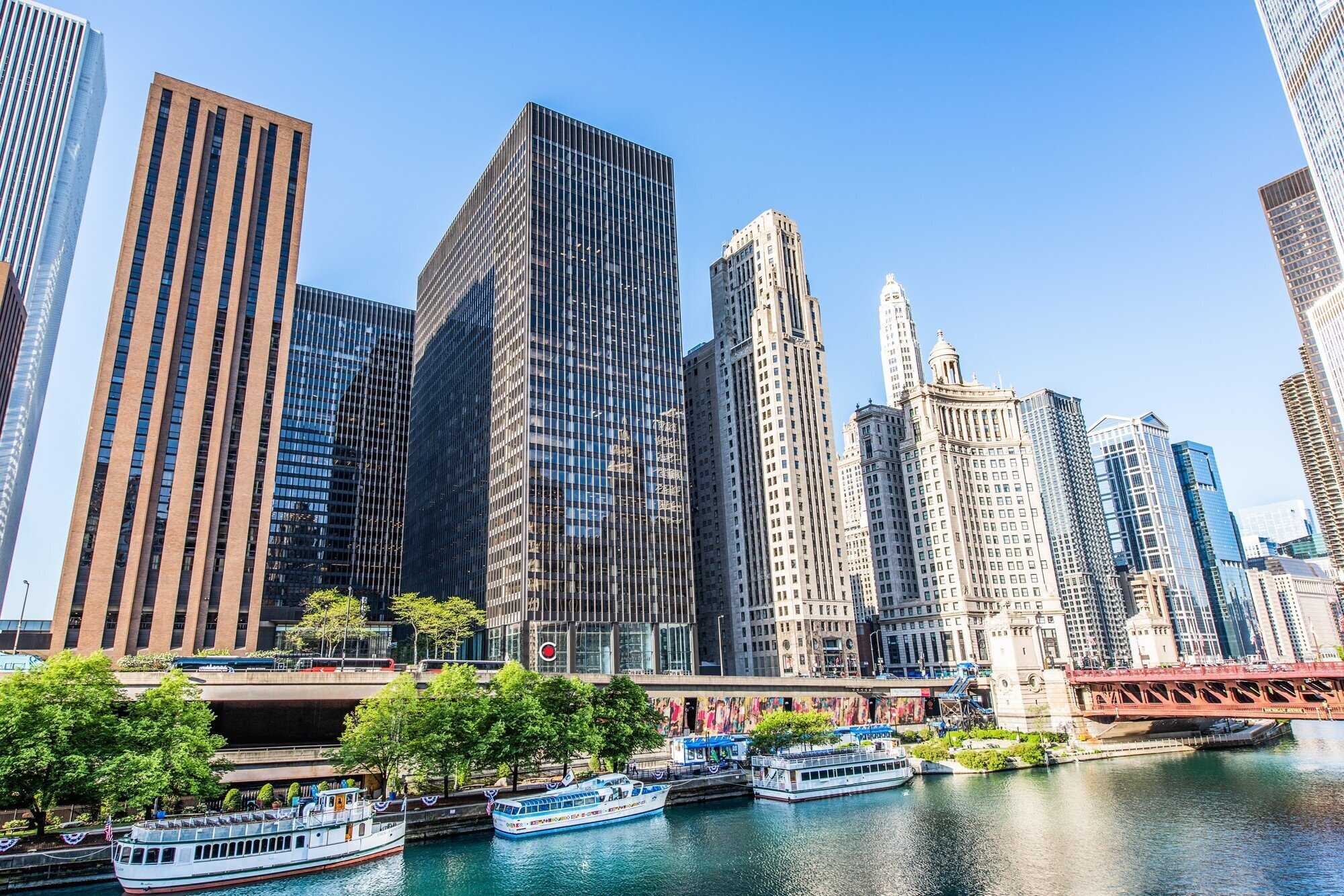 A photo of 111 E. Wacker Dr. as seen from across the river.