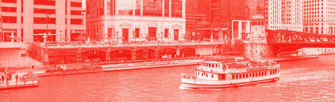 A boat on the river with a red overlay