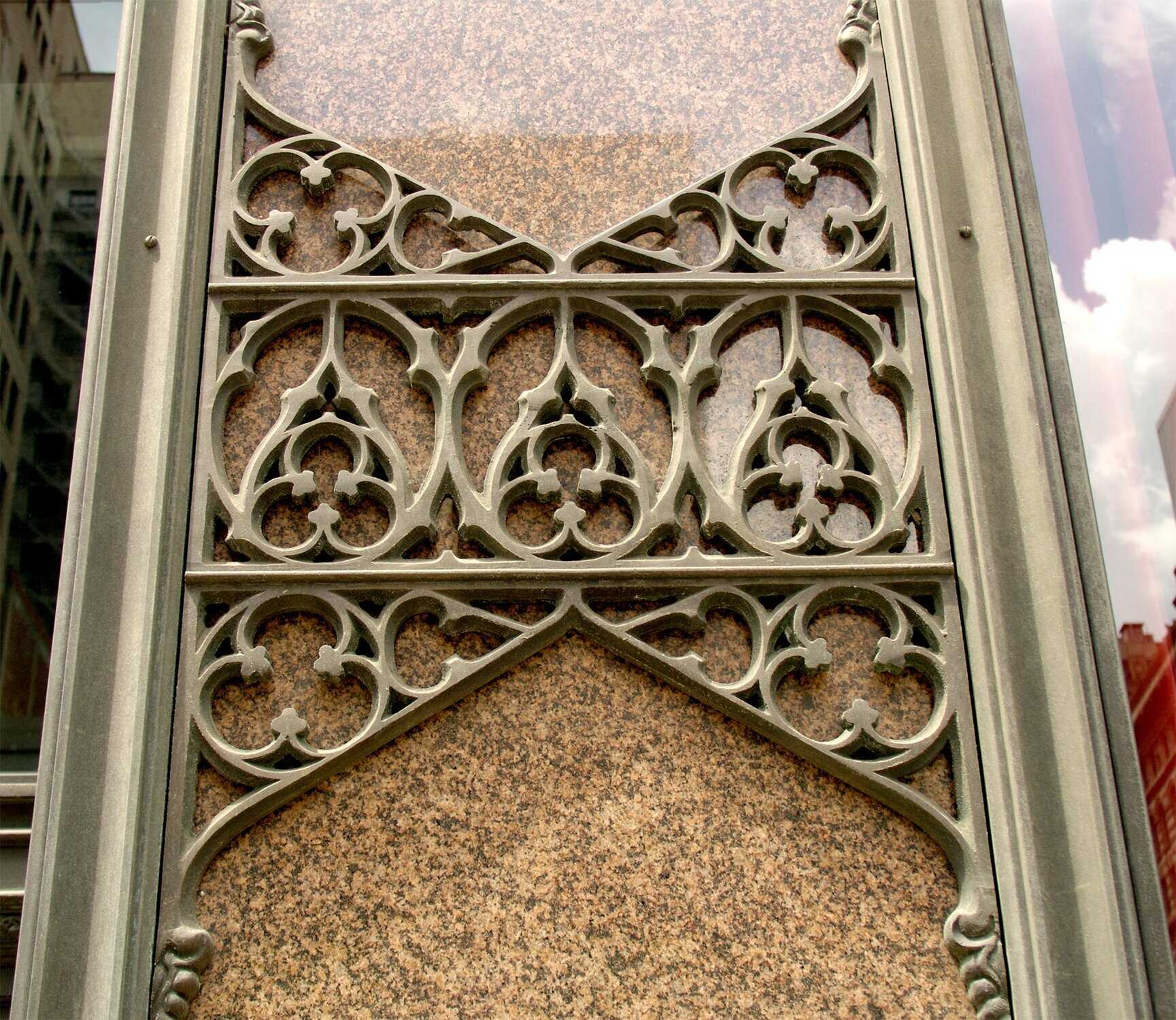 Close up of ornamenation on exterior of buildling 