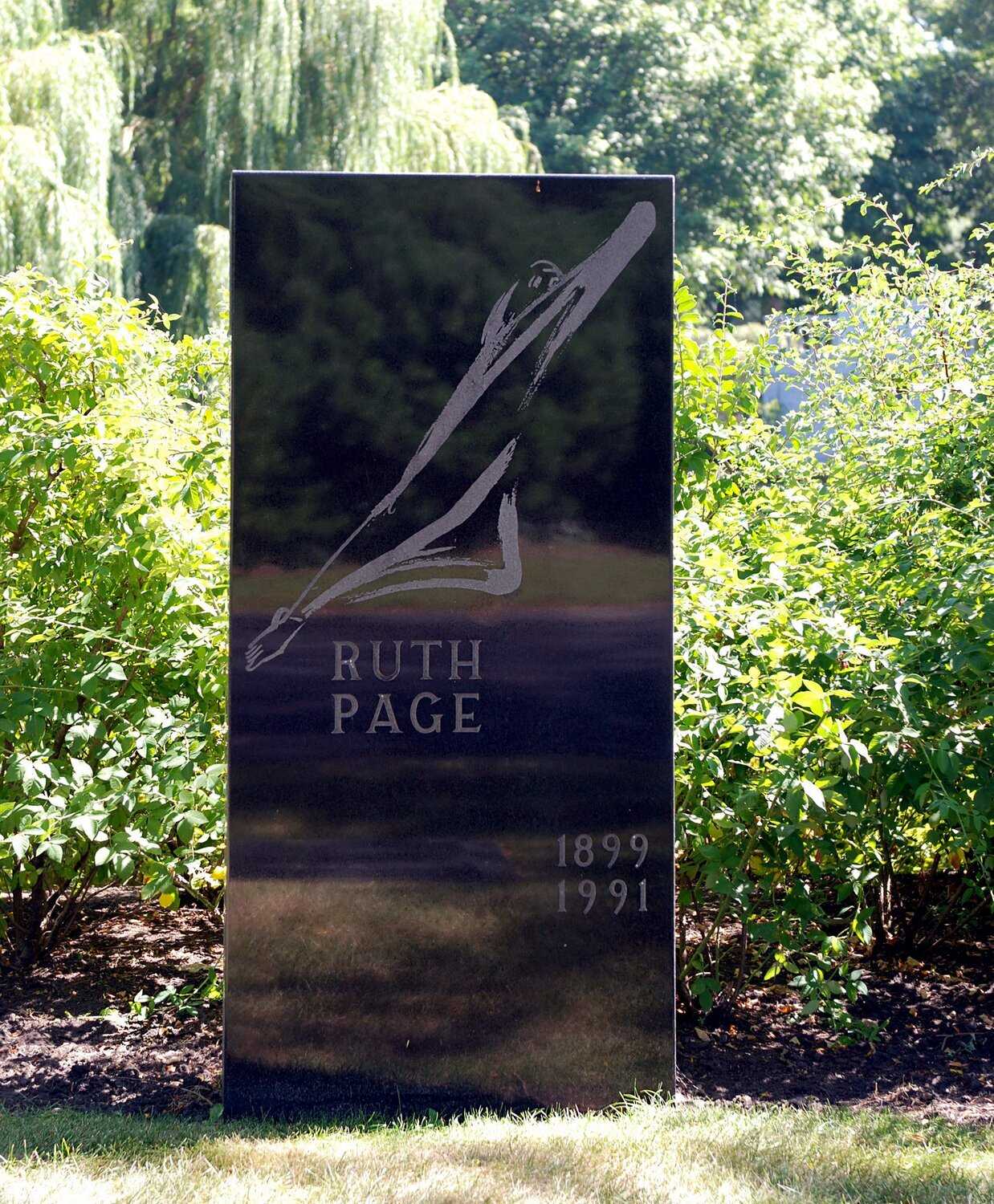 A photo of a shiny black headstone labeled "Ruth Page" 1899-1991