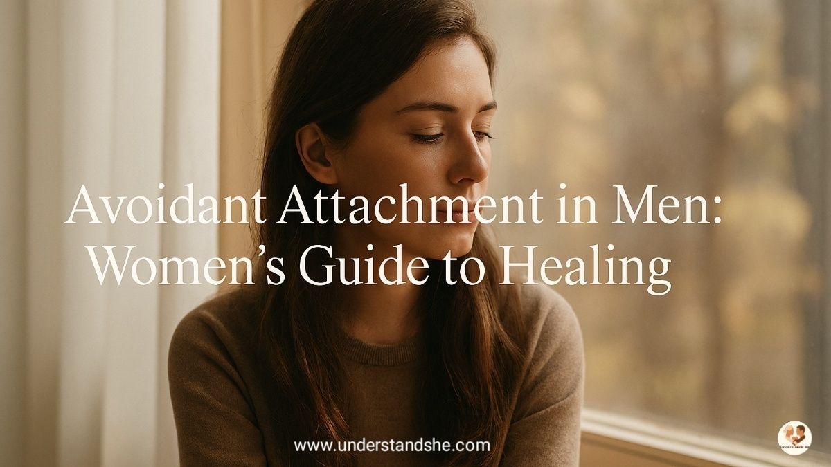 A thoughtful young woman sitting by a large window, soft daylight on her face, symbolizing emotional healing after avoidant attachment. Background blurred with warm natural tones. Minimalist, modern blog cover style. Add clean overlay text at the top-center: 'Avoidant Attachment in Men: Women's Guide to Healing' in elegant, easy-to-read serif font, white color with slight shadow for readability.