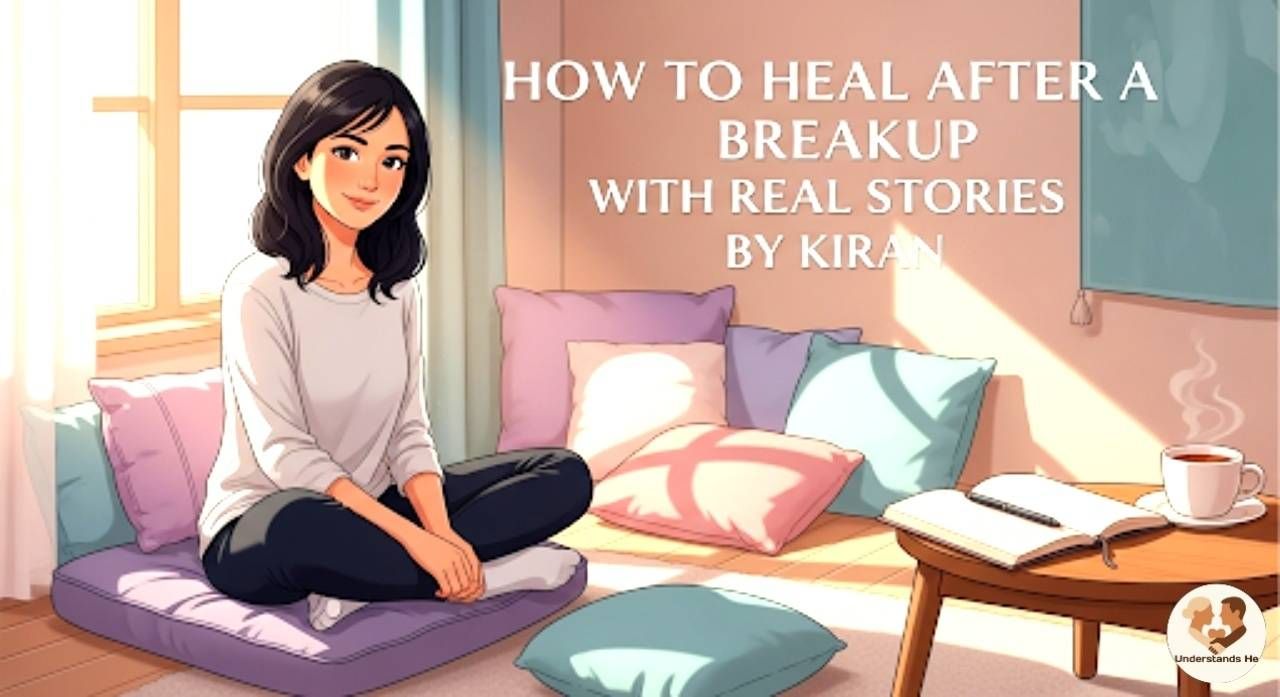 A digital illustration of a calm woman (Kiran) sitting peacefully in a cozy room with soft natural light, surrounded by a journal, tea, and soft cushions in pastel colors. The text 'How to Heal After a Breakup with Real Stories by Kiran' is overlaid on the image.