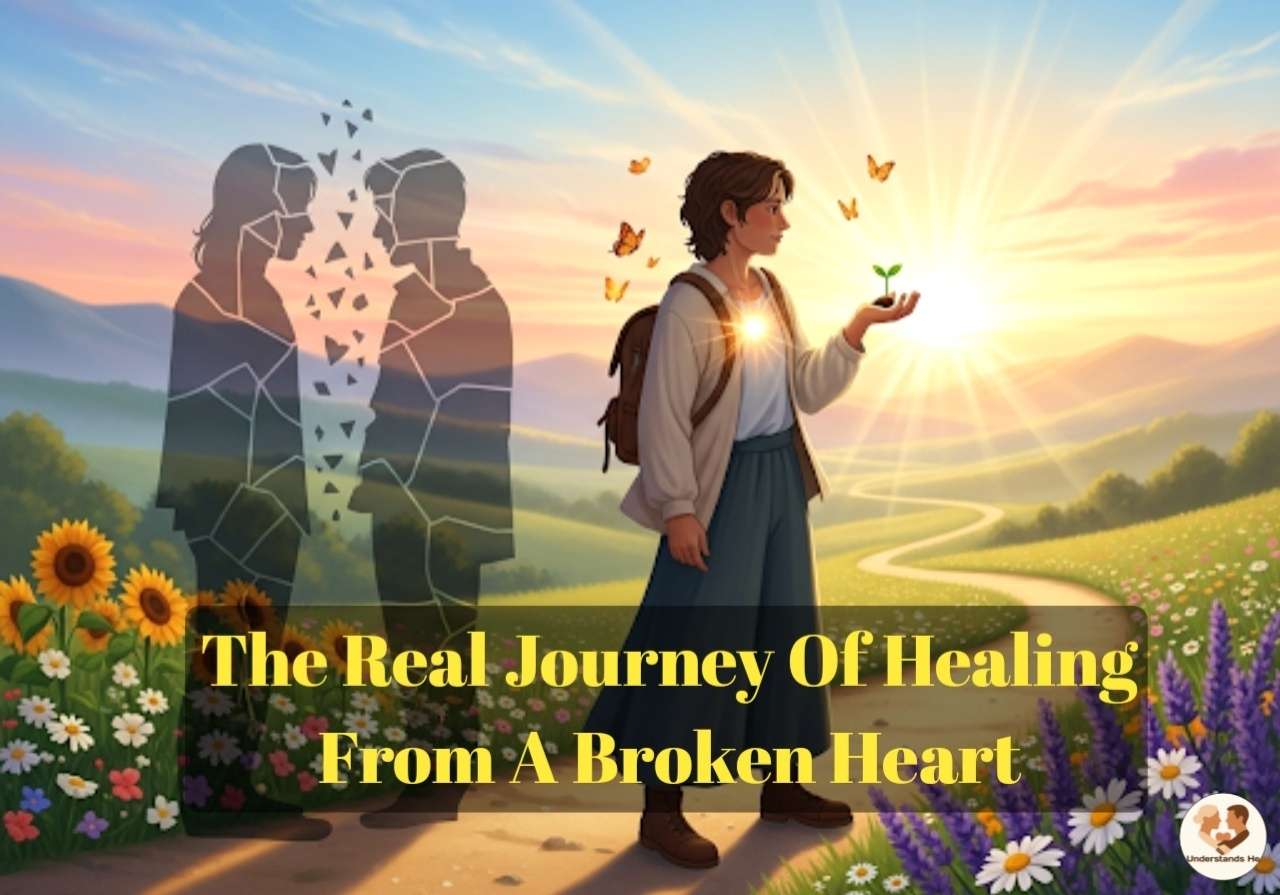 The real journey of healing from a broken heart: a woman looks towards the sun on the horizon, with the blurred shape of a broken relationship behind her, while she holds a small plant in her hand, symbolizing personal growth and new beginnings, butterflies represent freedom and change.