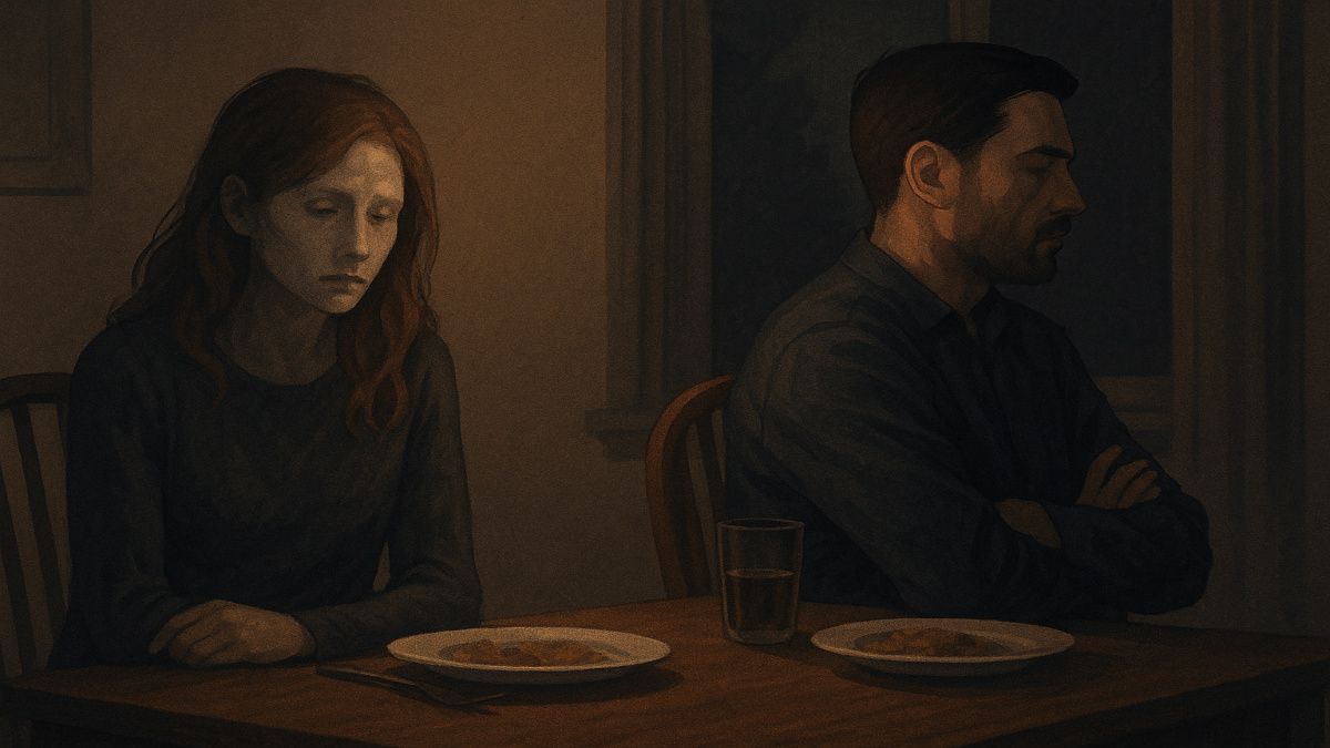 A sad couple sitting in silence at the dining table, showing emotional pain and distance caused by silent treatment in relationships