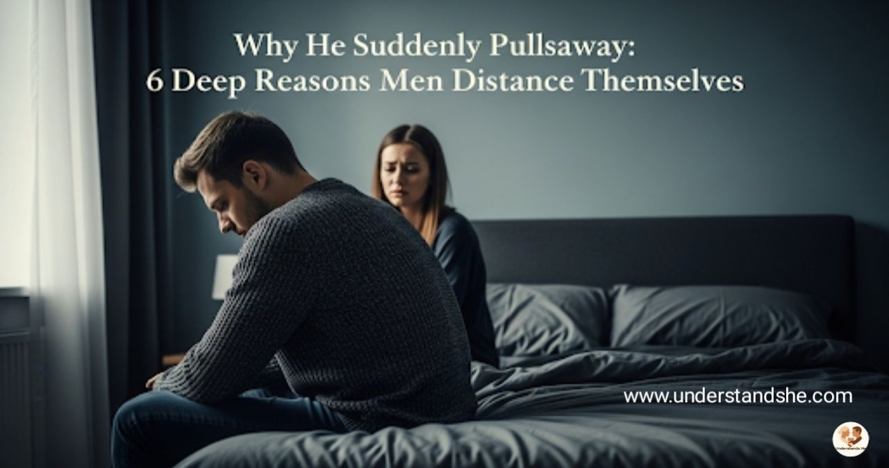 emotional and cinematic scene with a man sitting alone on the edge of a bed, his back to the woman and his face tilted down — as if he's deep in thought or confused. The room is dimly lit, with the walls painted in sombre colours — shades of grey and blue. A woman is sitting behind him, her eyes showing worry and emotional pain. The setting should have a sense of distance and silence. The title should be written above the image in a clear, modern font: 'Why He Suddenly Pulls Away: 6 Deep Reasons Men Distance Themselves' — text colour should be light cream.