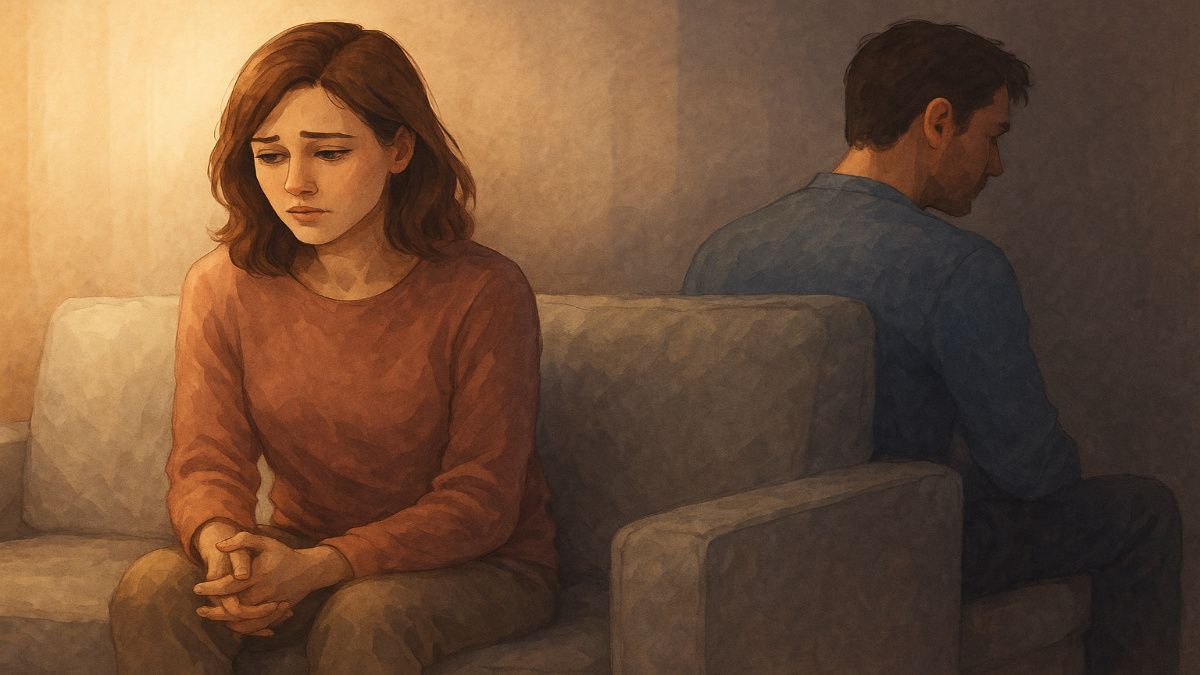 A sad woman sitting beside an emotionally distant man on a couch, symbolizing why men are emotionally unavailable, with hope and healing light around her.