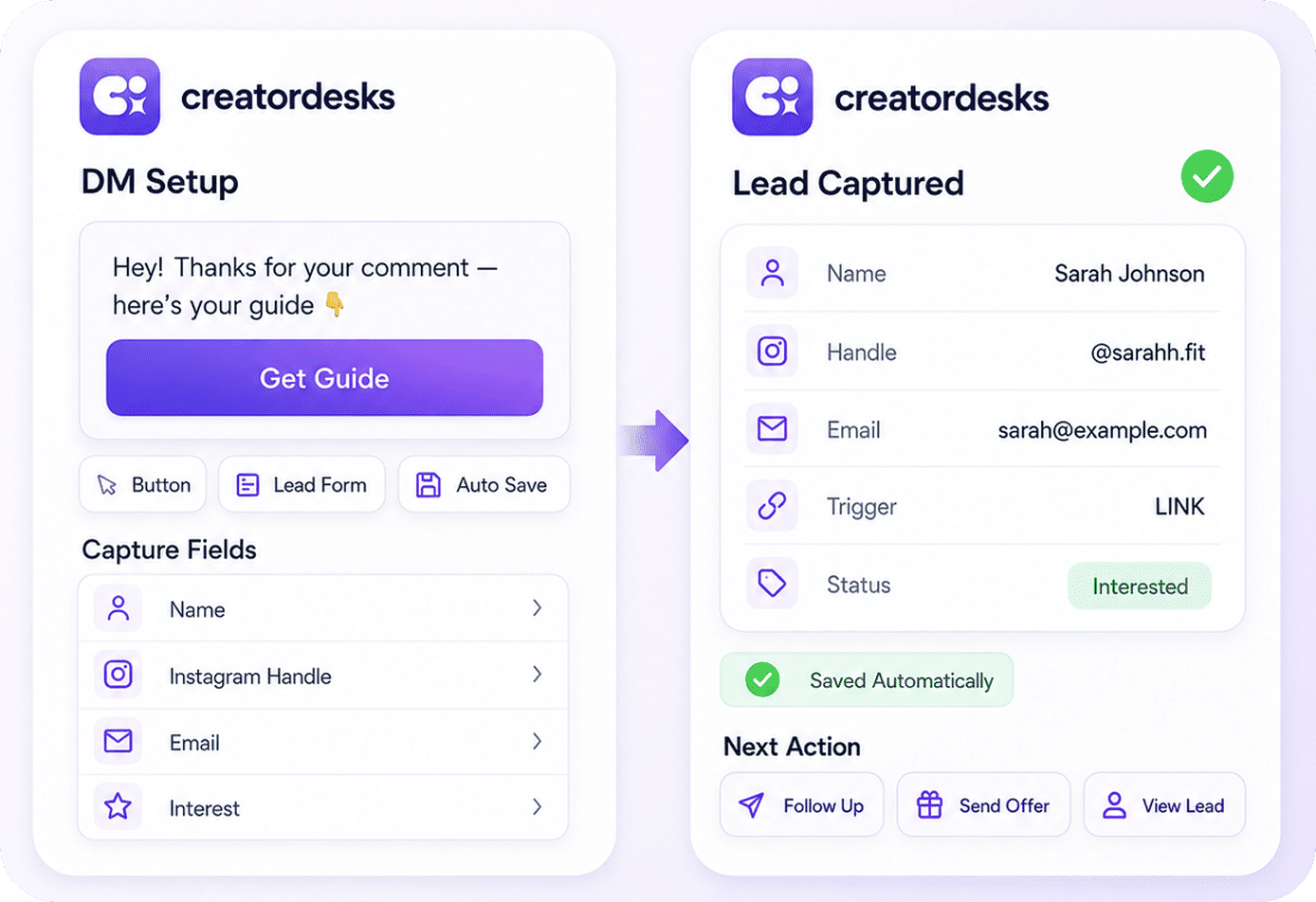 Creatordesks DM automation feature — collect leads from Instagram comments
