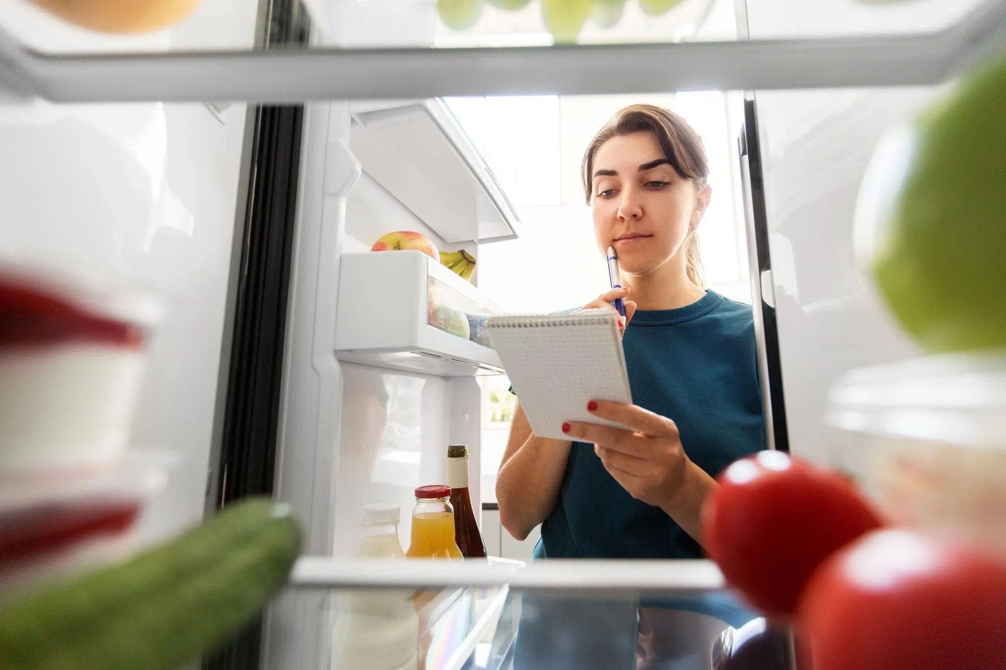 Person prüft den Kühlschrank, bevor sie den Wochenplan ausfüllt