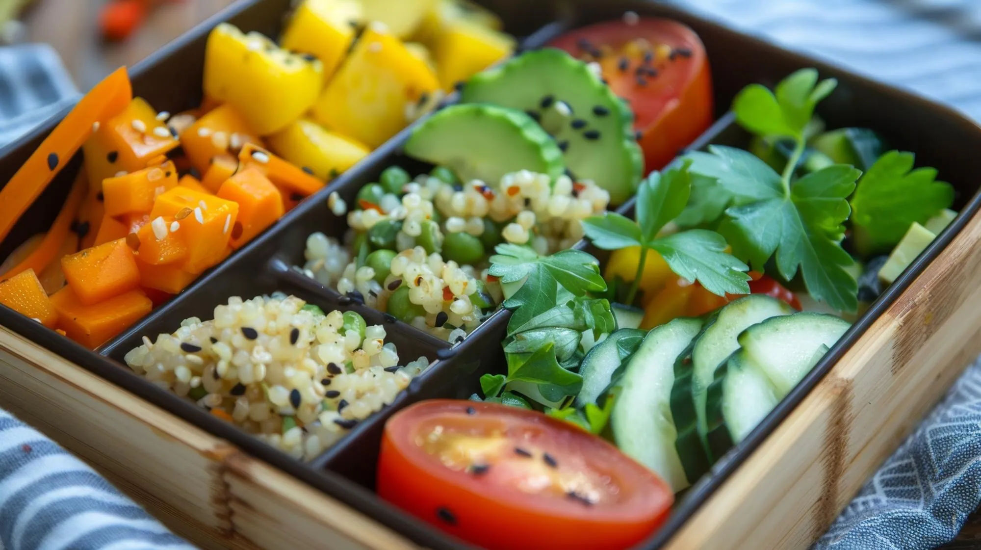 Bento frío con granos, verduras coloridas y tofu