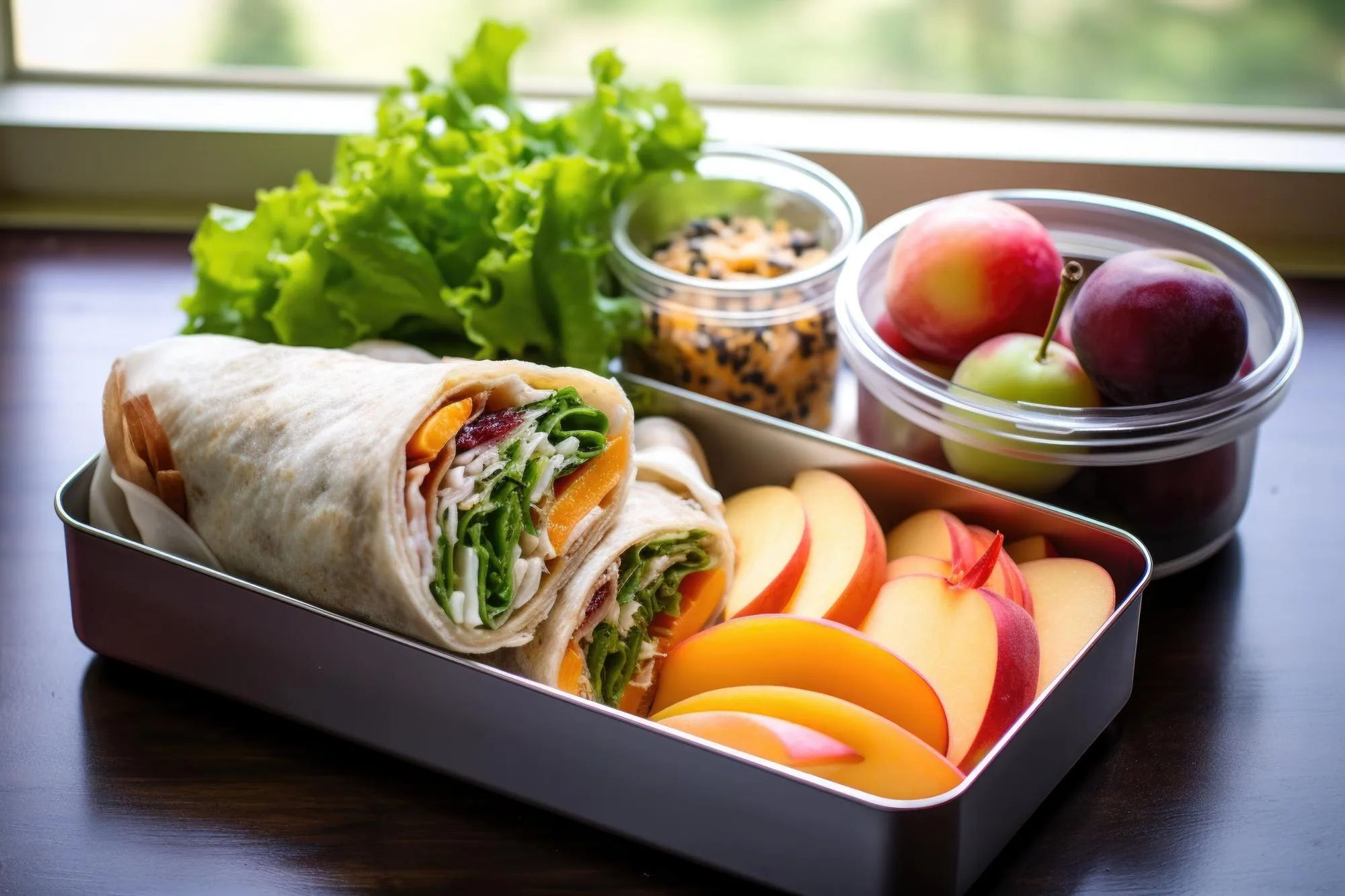 Wrap frío en lonchera con fruta y ensalada