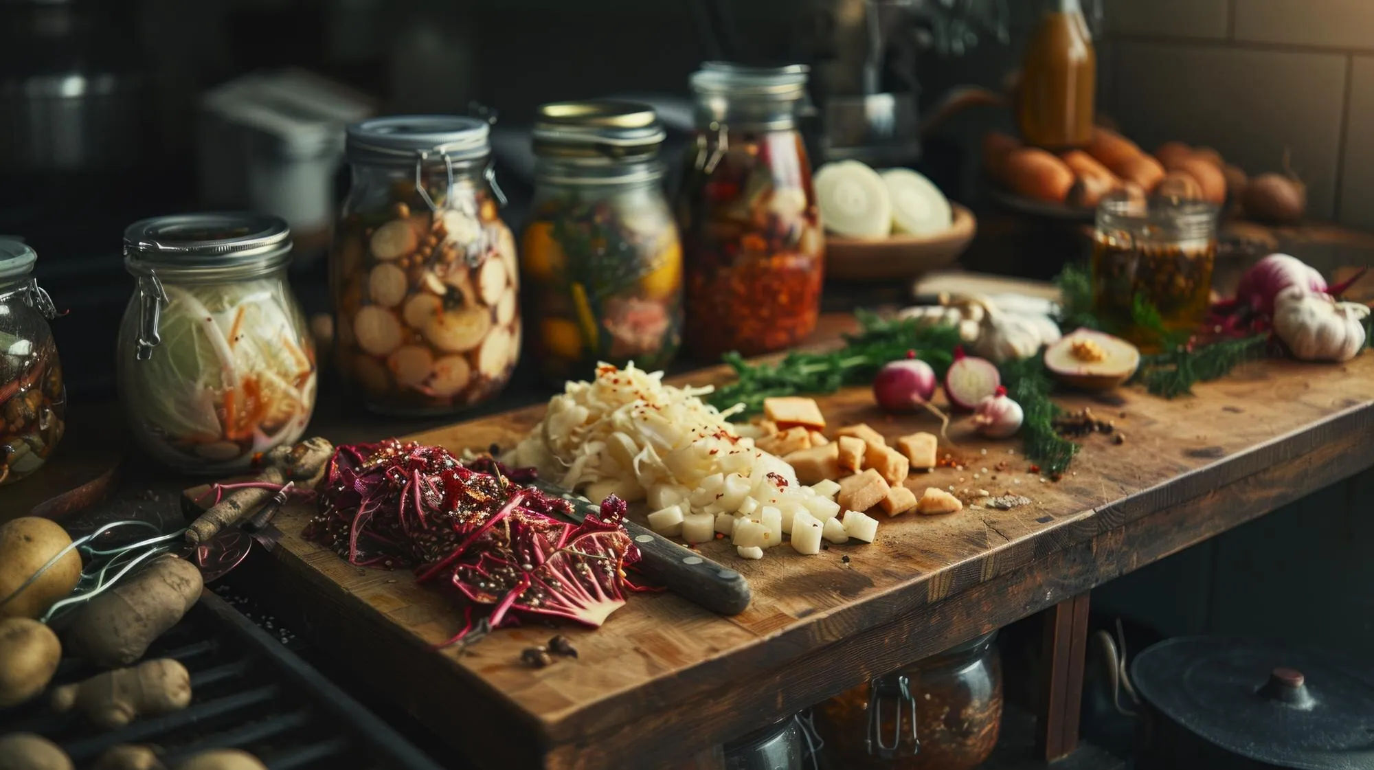 Pantry staples and vegetables being prepared on a kitchen counter