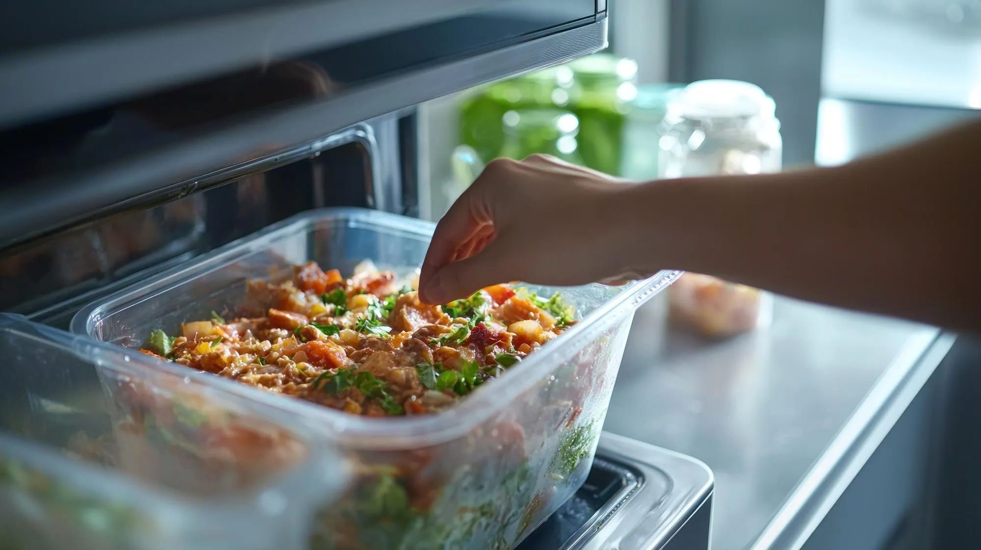 Person placing a sealed container of cooked food into a home freezer