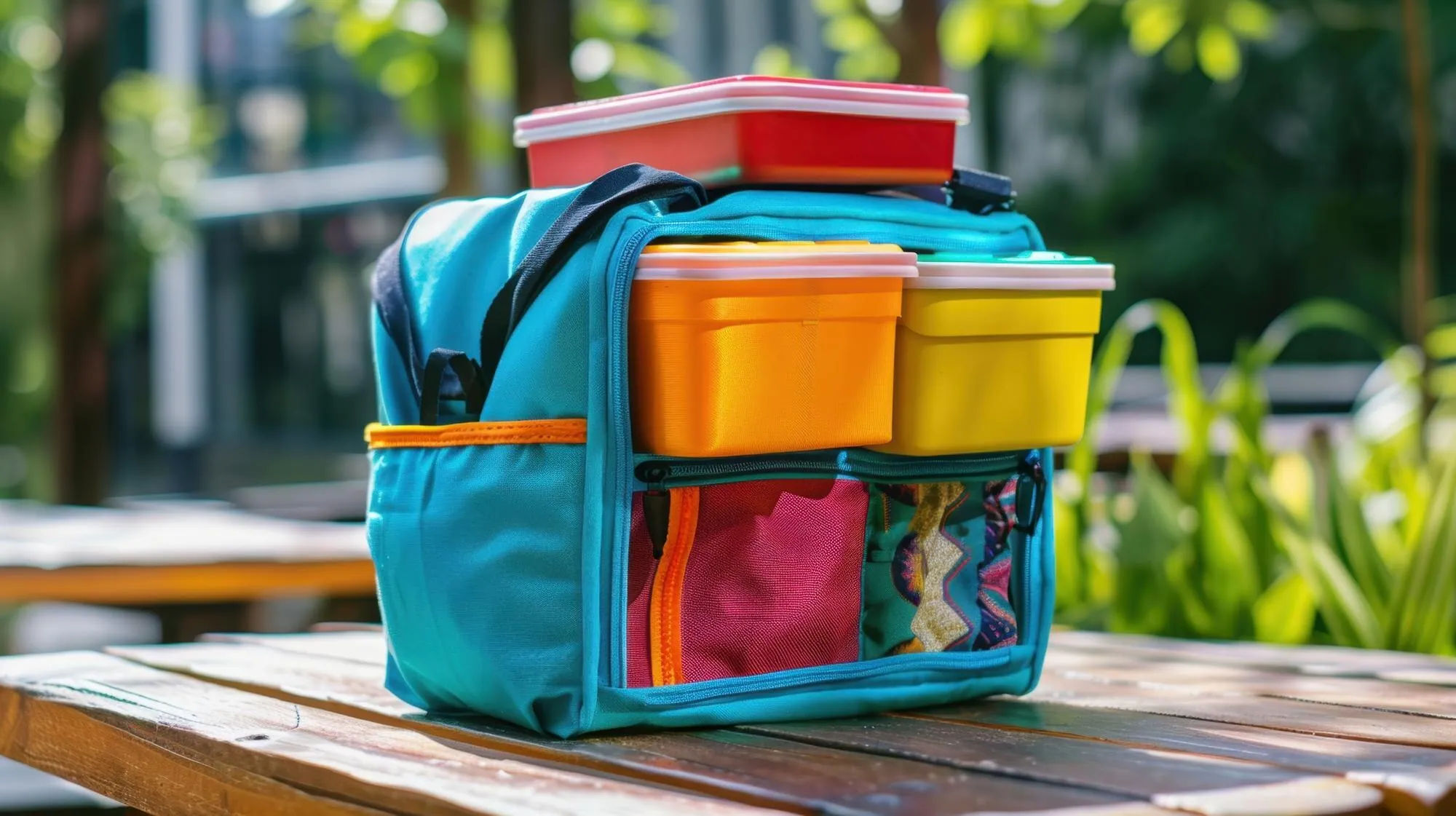 Bolsa térmica para loncheras que contiene varios envases reutilizables para alimentos